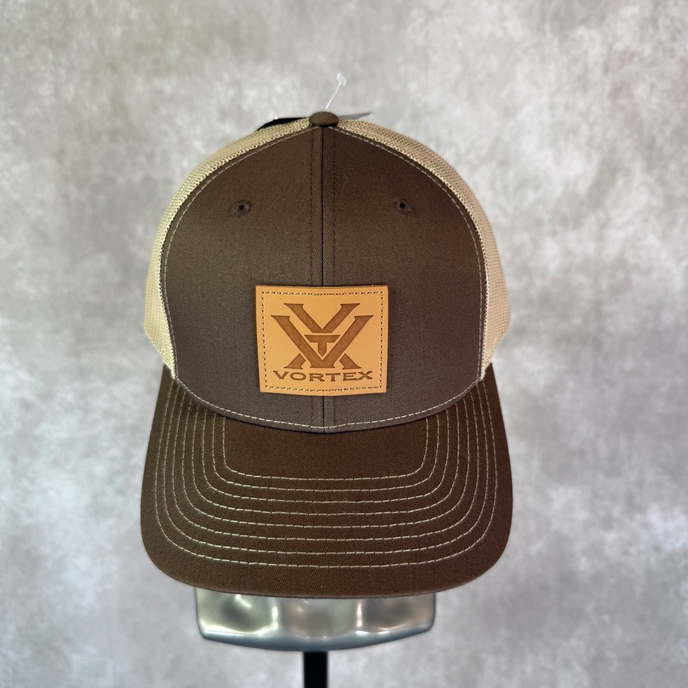 Vortex Optics Trucker Hat Men OSFM Brown Tan Solid Mesh Back Leather Logo Patch